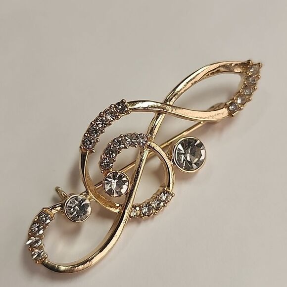 Vintage Gold Treble Clef Brooch with Crystals - Picture 2 of 4